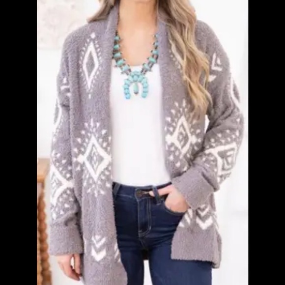 Ruby Moon Boho Cozy Muted Purple and White Aztec Patterned Lounge Cardigan - Picture 1 of 8
